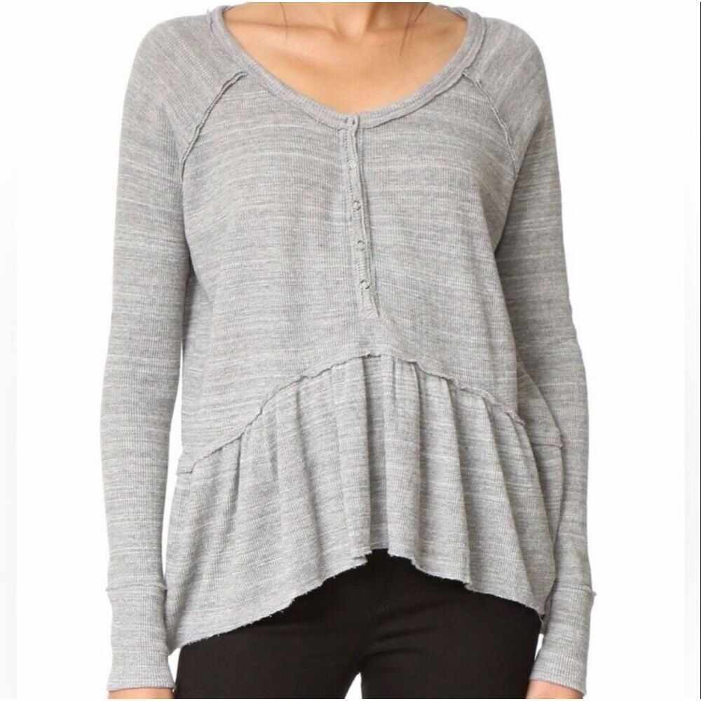 We The Free People Henley Top Coastline Peplum Thermal Slouchy Lagenlook Gray Me